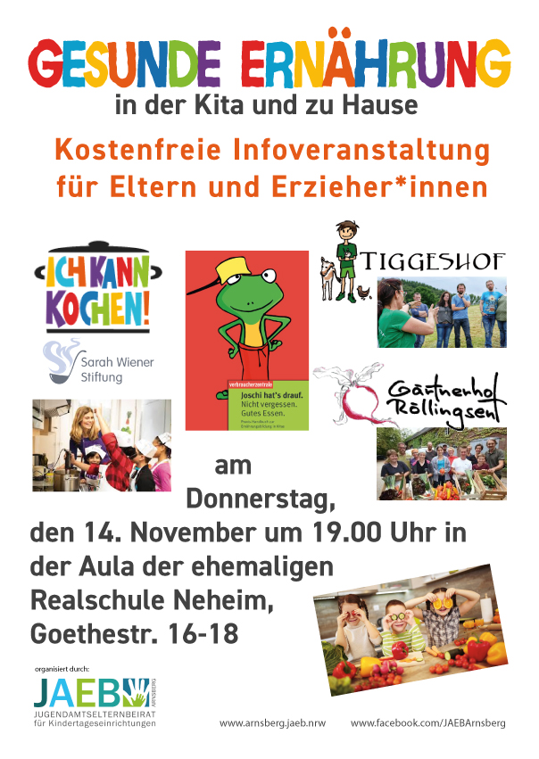 Hinweis auf die Veranstaltung Gesunde Ernährung in Kitas und zu Hause am 14. November in der ehemaligen Realschule in Arnsberg-Neheim